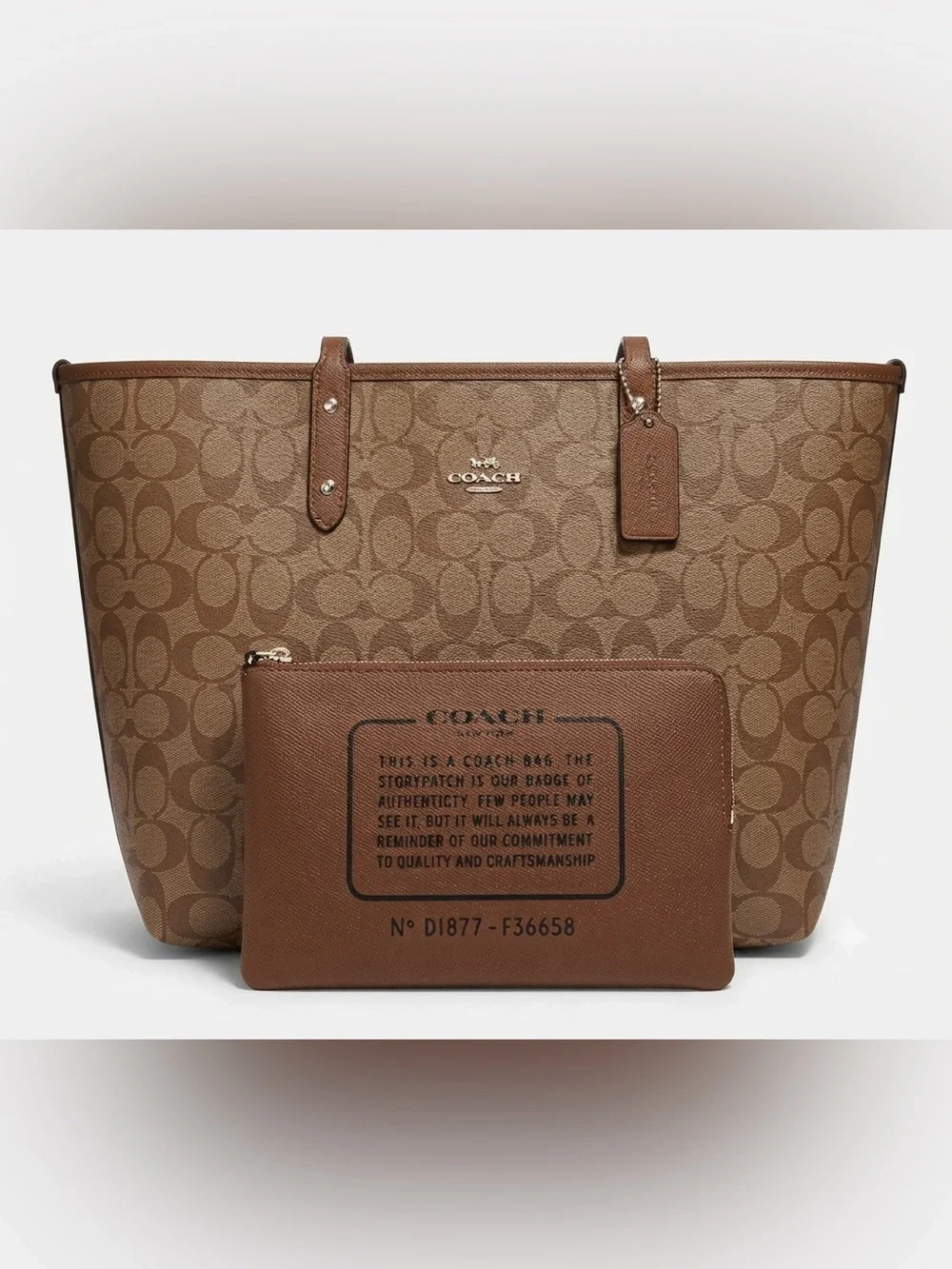 Coach Reversible City Tote in Signature Canvas Khaki Saddle Brown with pouch